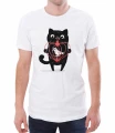 Biała koszulka męska dla niego z nadrukiem czarnego kocura i klatki z ptaszkiem - T-shirt kot z klatką