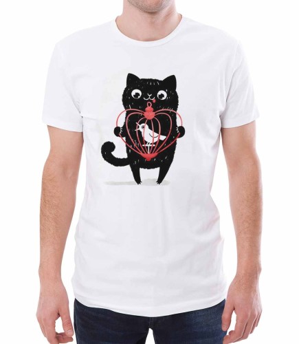 Biała koszulka męska dla niego z nadrukiem czarnego kocura i klatki z ptaszkiem - T-shirt kot z klatką