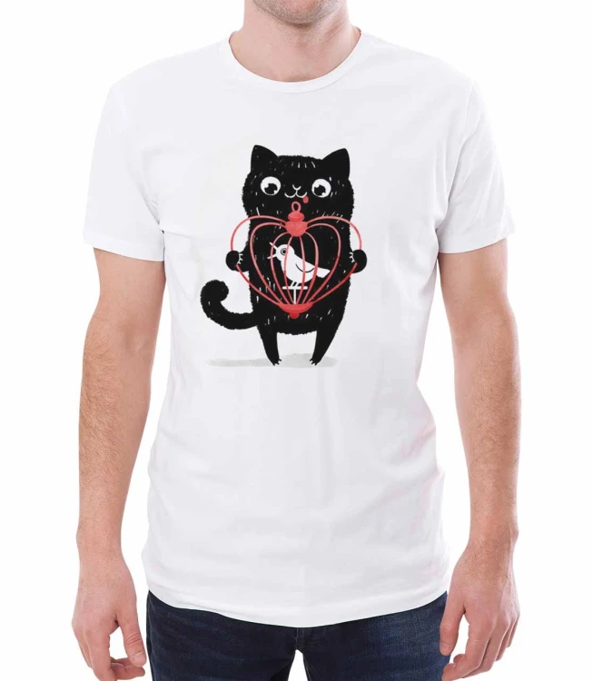 Biała koszulka męska dla niego z nadrukiem czarnego kocura i klatki z ptaszkiem - T-shirt kot z klatką