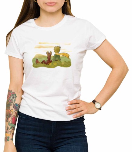 Biała koszulka damska mały książę - T-shirt dla niej z małym księciem i przyjacielem lisem na tle zachodu słońca