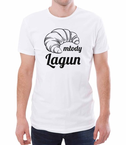 Biała męska koszulka młody lagun - z croissantem udającym egzotycznego zwierzaka