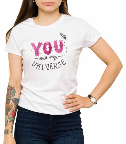 Damski biały T-shirt dla niej z nadrukiem you are my univrese - jesteś moim wszechświatem