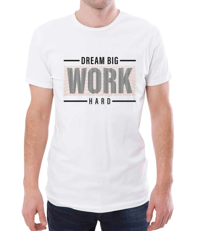 Biały T-shirt dla niego z nadrukiem miej wielkie marzenia, pracuj ciężko.