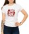 Biały T-shirt damski z bordowym nadrukiem piłkarzy kopiących piłkę nożną.