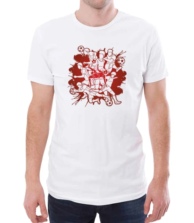 Biały T-shirt męski z drużyną piłkarską.