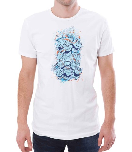 Zabawny  biały męski T-shirt z szalonymi błękitnymi stworkami.