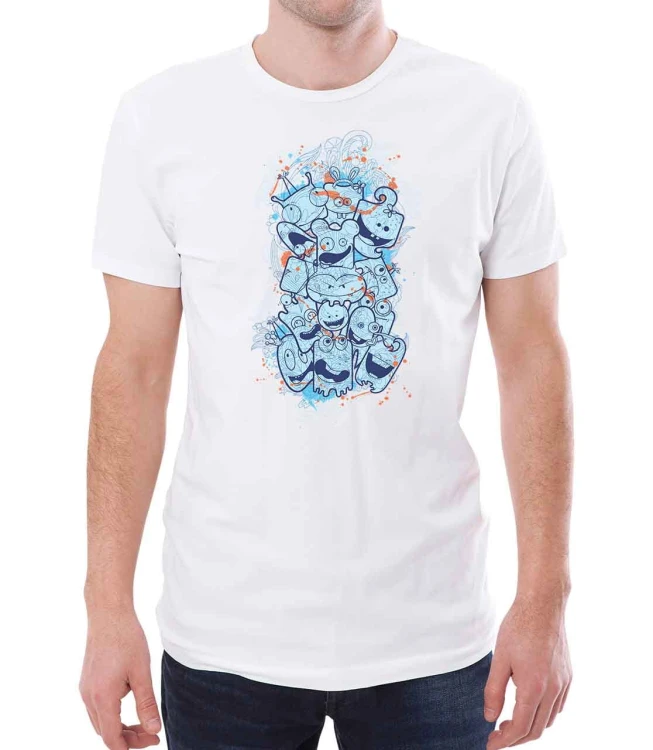 Zabawny  biały męski T-shirt z szalonymi błękitnymi stworkami.