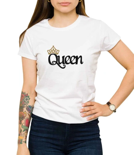 Biała koszulka damska z napisem queen i koroną