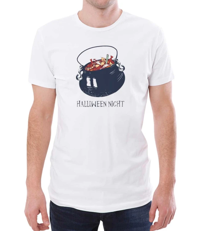 Biały męski T-shirt z garnkiem pełnym słodyczy