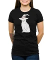 Damski czarny T-shirt z kotem czarownicy