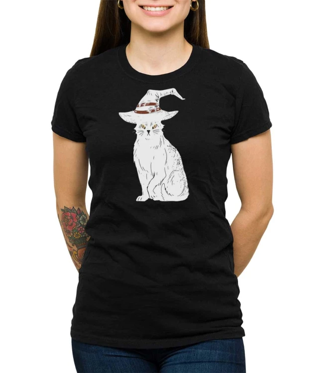 Damski czarny T-shirt z kotem czarownicy