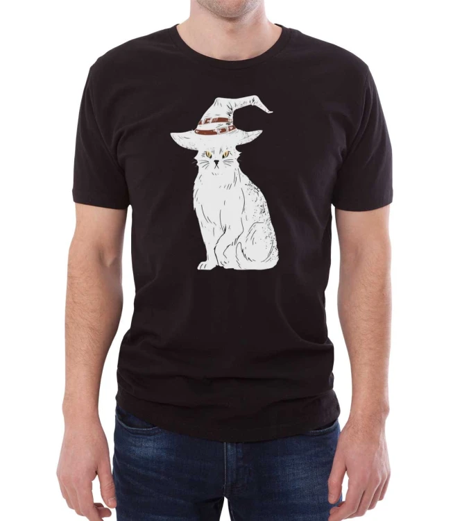 Czarny męski T-shirt z kocurem w kapeluszu