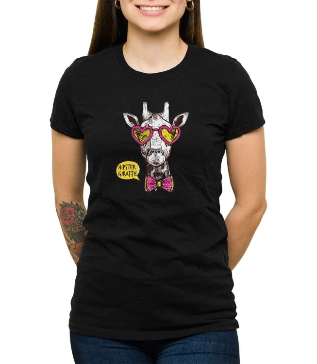 Czarny T-shirt damski z żyrafą w okularach