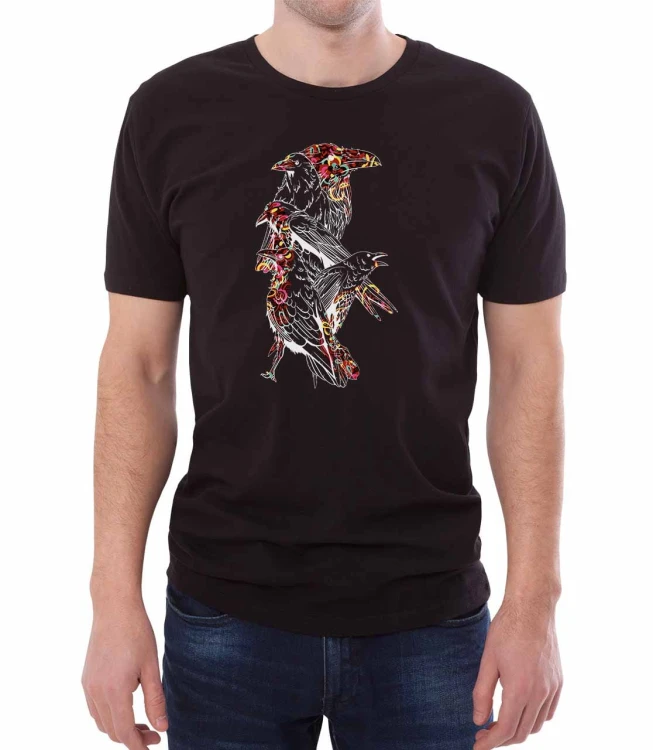 Czarny męski T-shirt z ptakami rysowanymi kreską