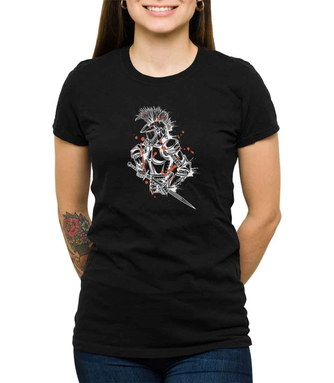 Czarny damski T-shirt ze wzorem rycerza