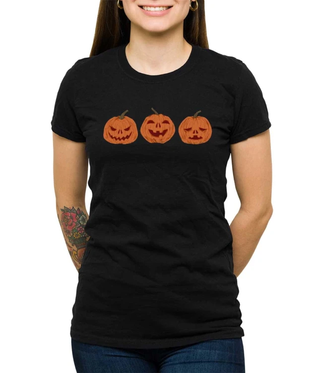 Czarny T-shirt damski z dyniami