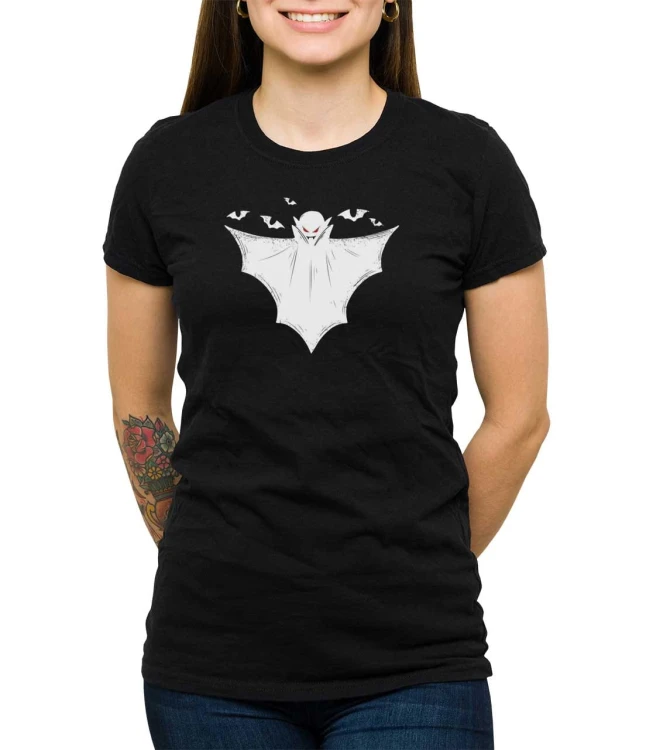 Czarny T-shirt damski z nietoperzem wampirem