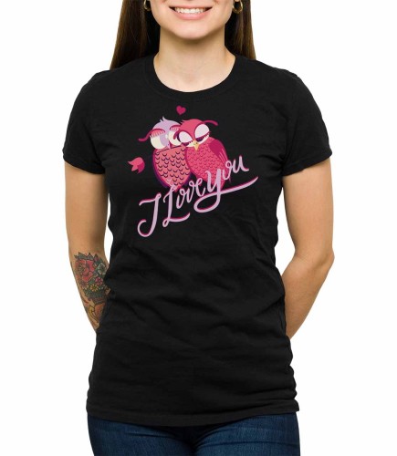 Czarny T-shirt damski z zakochanymi sowami