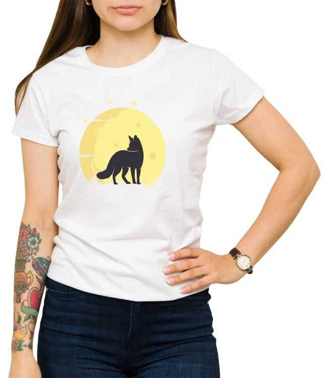 Biały damski T-shirt z dużym księżycem i lisem