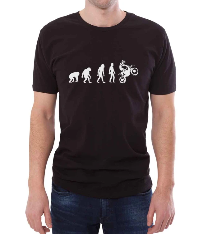 Czarny T-shirt męski z ewolucją od małpy do motocyklisty