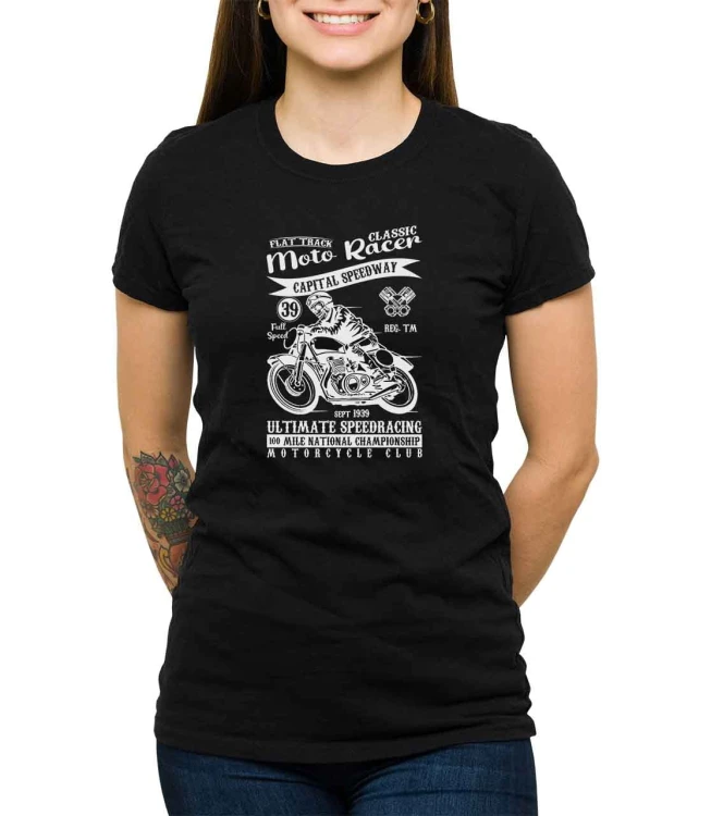 Czarny T-shirt dla niej - dla fanek szybkiej jazdy motorem