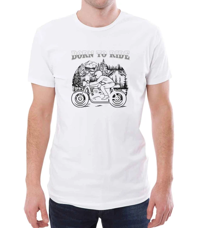 Biała koszulka dla motocyklisty z napisem born to ride