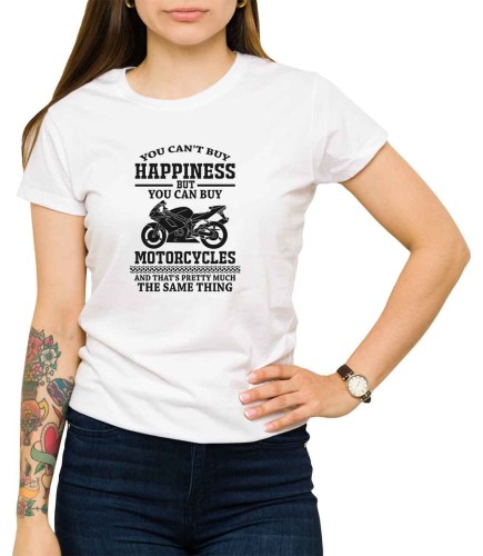 Biały T-shirt damski z nadrukiem you can't buy happiness