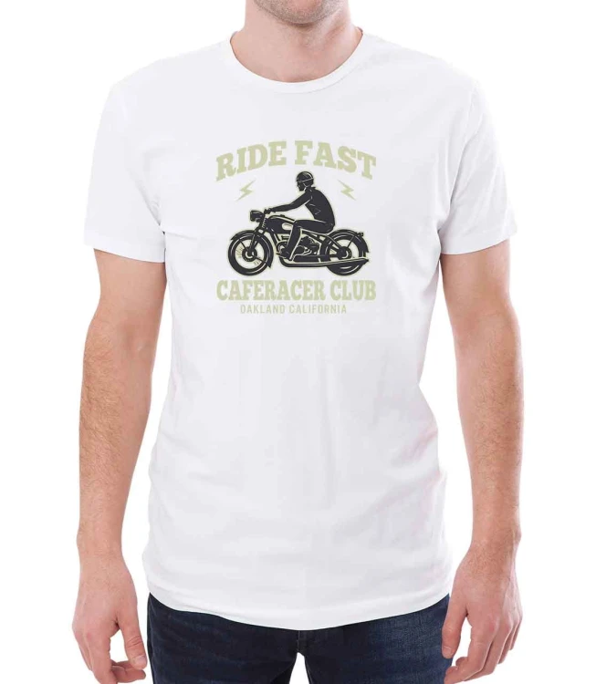 Biały męski T-shirt z motocyklem caferacer