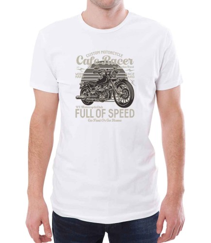 Biała męska koszulka z motocyklem i hasłem full of speed