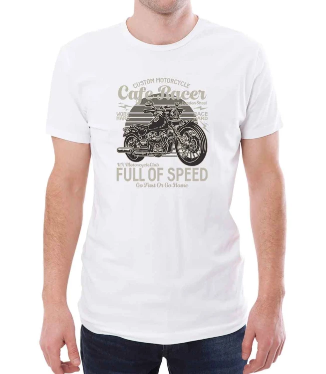 Biała męska koszulka z motocyklem i hasłem full of speed