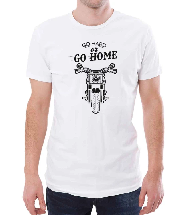 Biały T-shirt męski z nadrukiem motocykla