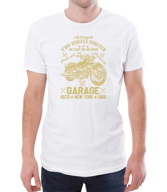Biała koszulka męska ze wzorem motocykla i hasłem dwa kółka na zawsze
