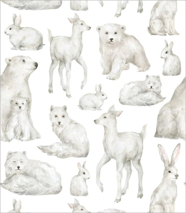 Próbka - wycinek tapety zimowe zwierzęta o wymiarze 31x31 cm, w skali 1:1.