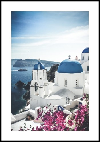 Plakat katedra na Santorini z białym marginesem dookoła
