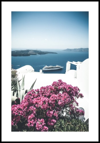 Plakat biała architektura Santorini, poster z białym marginesem dookoła
