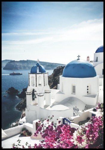 Plakat z pejzażem Santorini z akcentami błękitu, bieli i różu