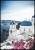 Plakat z pejzażem Santorini z akcentami błękitu, bieli i różu