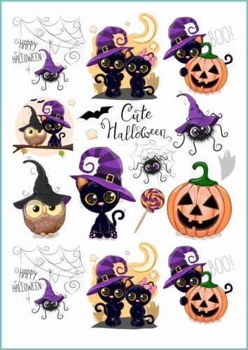 Naklejki na wodę na ciało dla dzieci na Halloween - słodki czarny kotek z uroczą sową i pająkiem