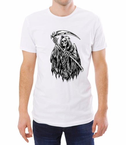 Biały męski T-shirt z sylwetką kościstej śmierci trzymającej w dłoniach kosę