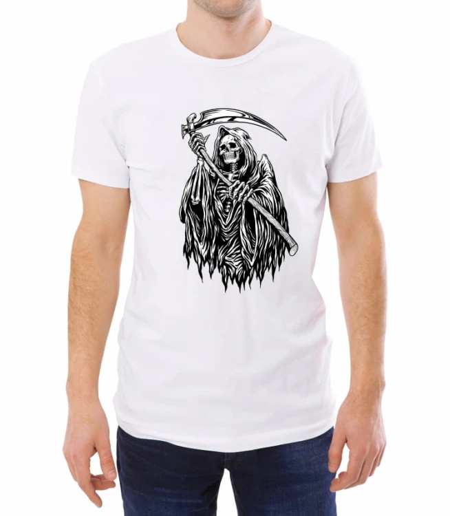 Biały męski T-shirt z sylwetką kościstej śmierci trzymającej w dłoniach kosę