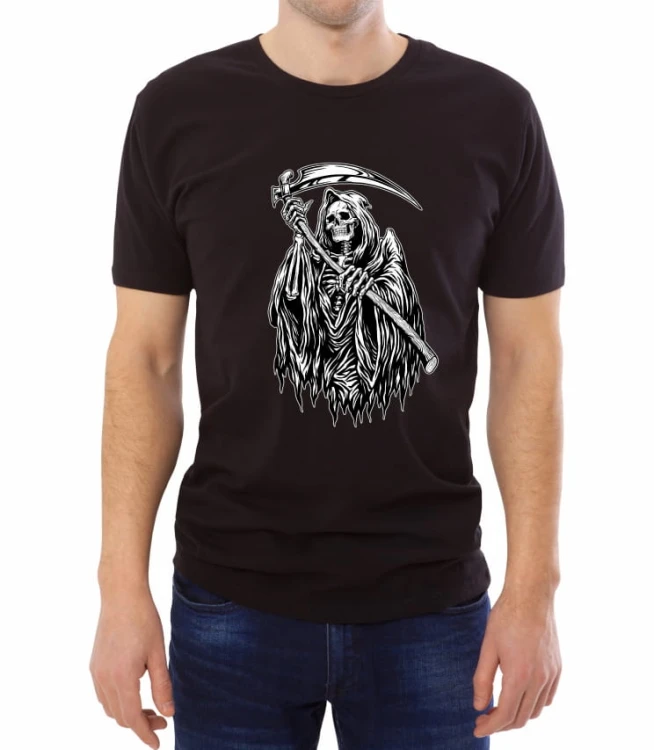 Czarny męski T-shirt z kościstą śmiercią i kosą