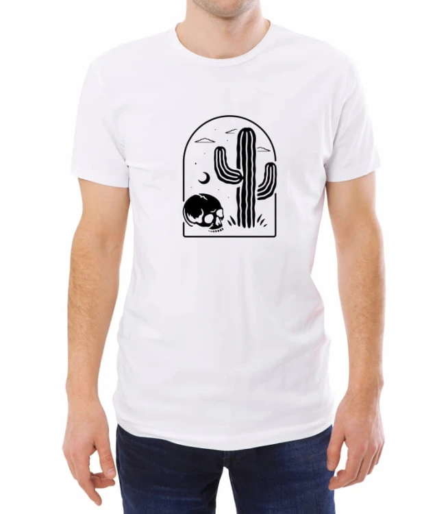 Biały męski T-shirt z nadrukiem kaktusa i czaszki w czarnym kolorze