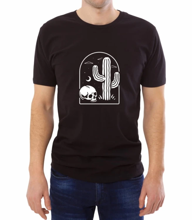 Czarny T-shirt dla niego ze wzorem kaktusa i czaszki w białym kolorze