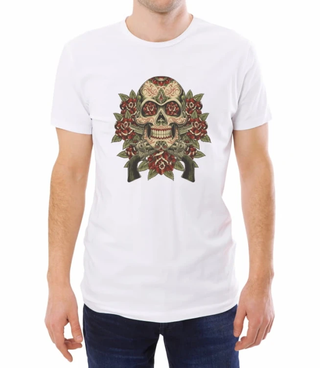 Biały T-shirt męski z czaszką w kolorowe wzory