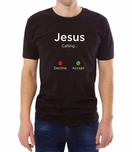 Czarny męski T-shirt z napisem Jezus dzwoni - odbierz - odrzuć