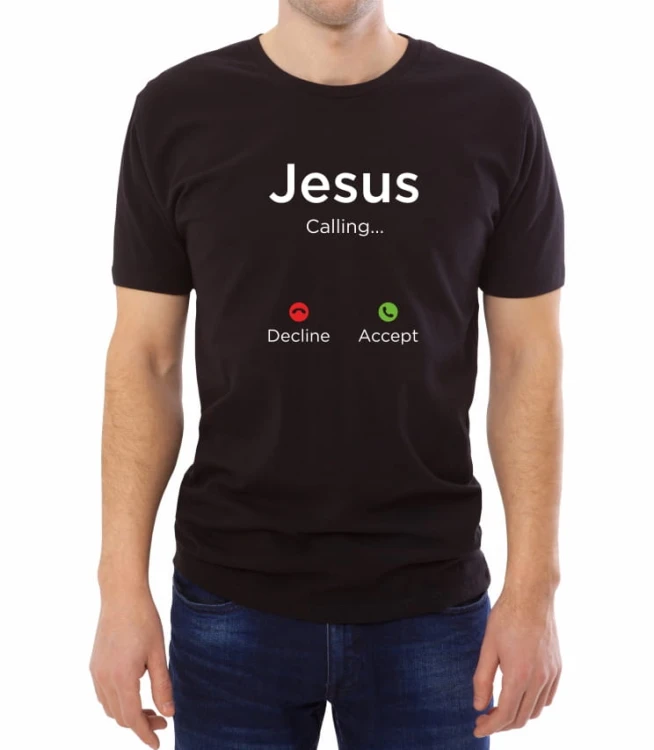 Czarny męski T-shirt z napisem Jezus dzwoni - odbierz - odrzuć