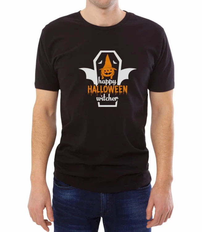 Czarny męski T-shirt z zabawnym nadrukiem na Halloween, z trumną, dynią i nietoperzami