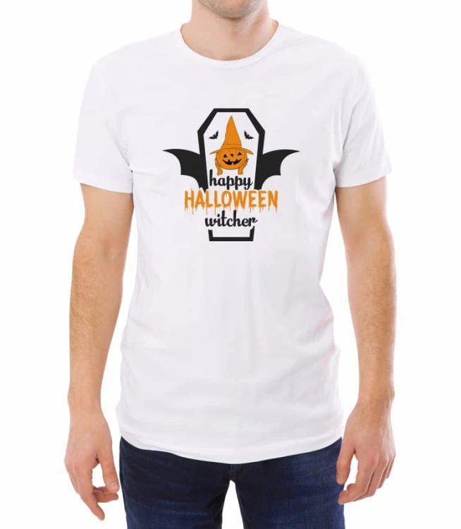 Biała męska koszulka z dynią i trumną na Halloween