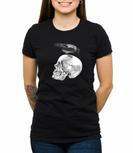 Czarny T-shirt dla niej z krukiem i czaszką