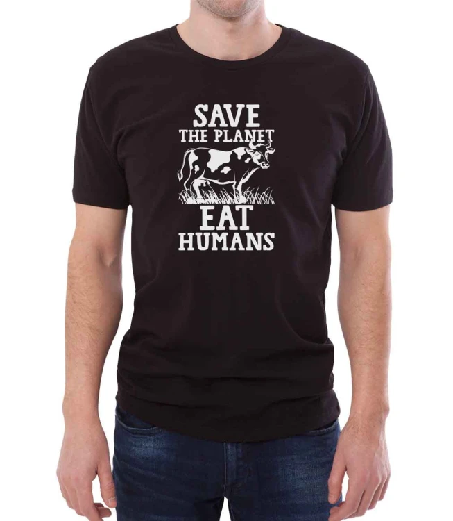 Czarny T-shirt męski zabawny z napisem jedz ludzi